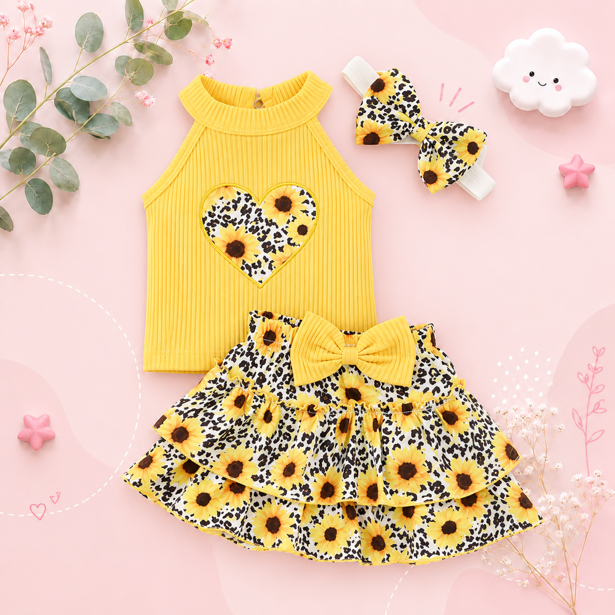 The Estrella - Baby Girl 3PCS Heart Print Top Skirt & Headband Summer Outfit Set