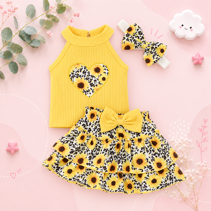The Estrella - Baby Girl 3PCS Heart Print Top Skirt & Headband Summer Outfit Set