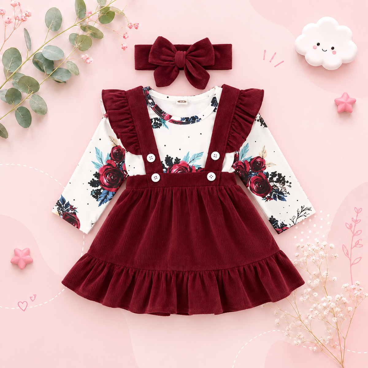 The Sierra - Baby Girl 3PCS Floral Bodysuit Suspender Skirt & Headband Outfit Set