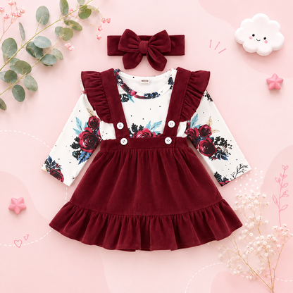 The Sierra - Baby Girl 3PCS Floral Bodysuit Suspender Skirt & Headband Outfit Set
