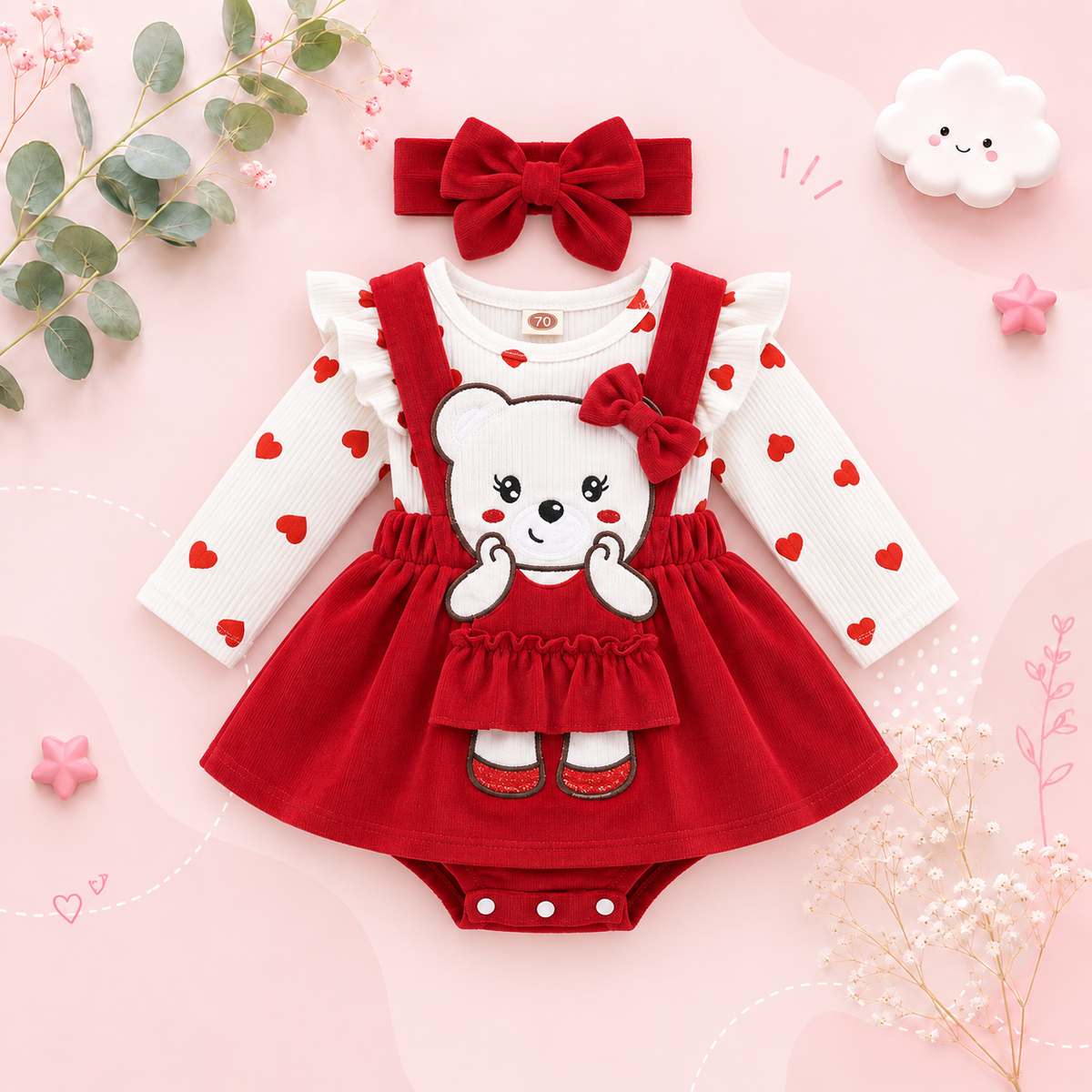 The Leyla - Baby Girl 2PCS Heart Print Romper & Headband Animal Embroidery Outfit