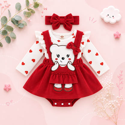 The Leyla - Baby Girl 2PCS Heart Print Romper & Headband Animal Embroidery Outfit