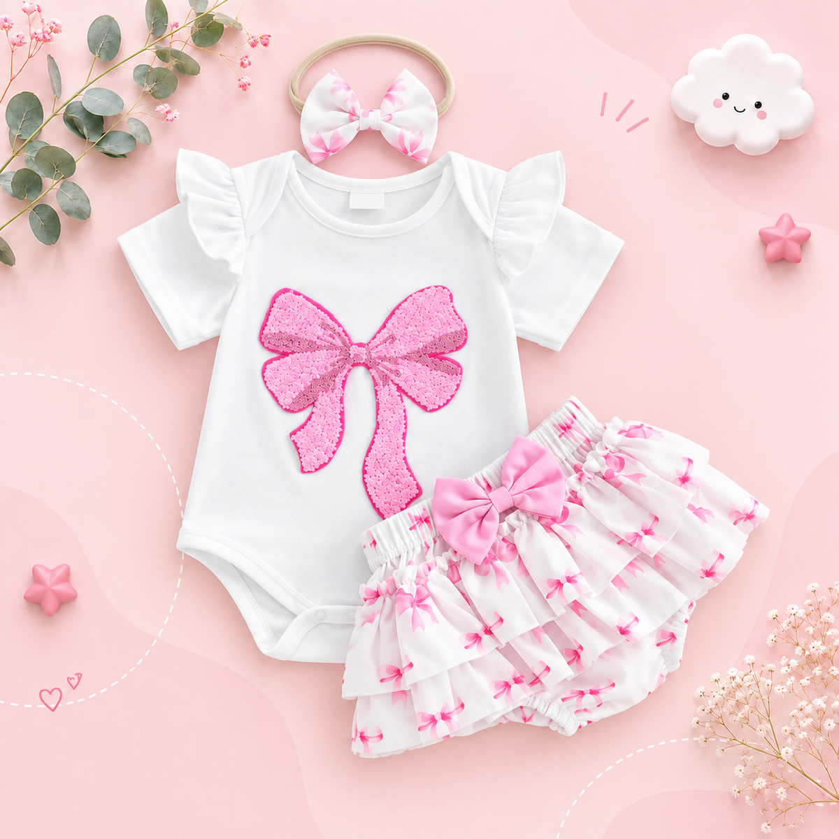 The Aliana - Baby Girl 3PCS Bow Embroidered Romper Shorts & Headband Outfit Set