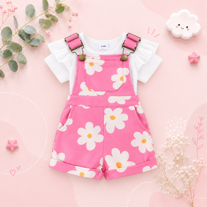 The Emelia - Baby Girl 2PCS Floral Overall Pants with Short Sleeve Hoodie Outfit