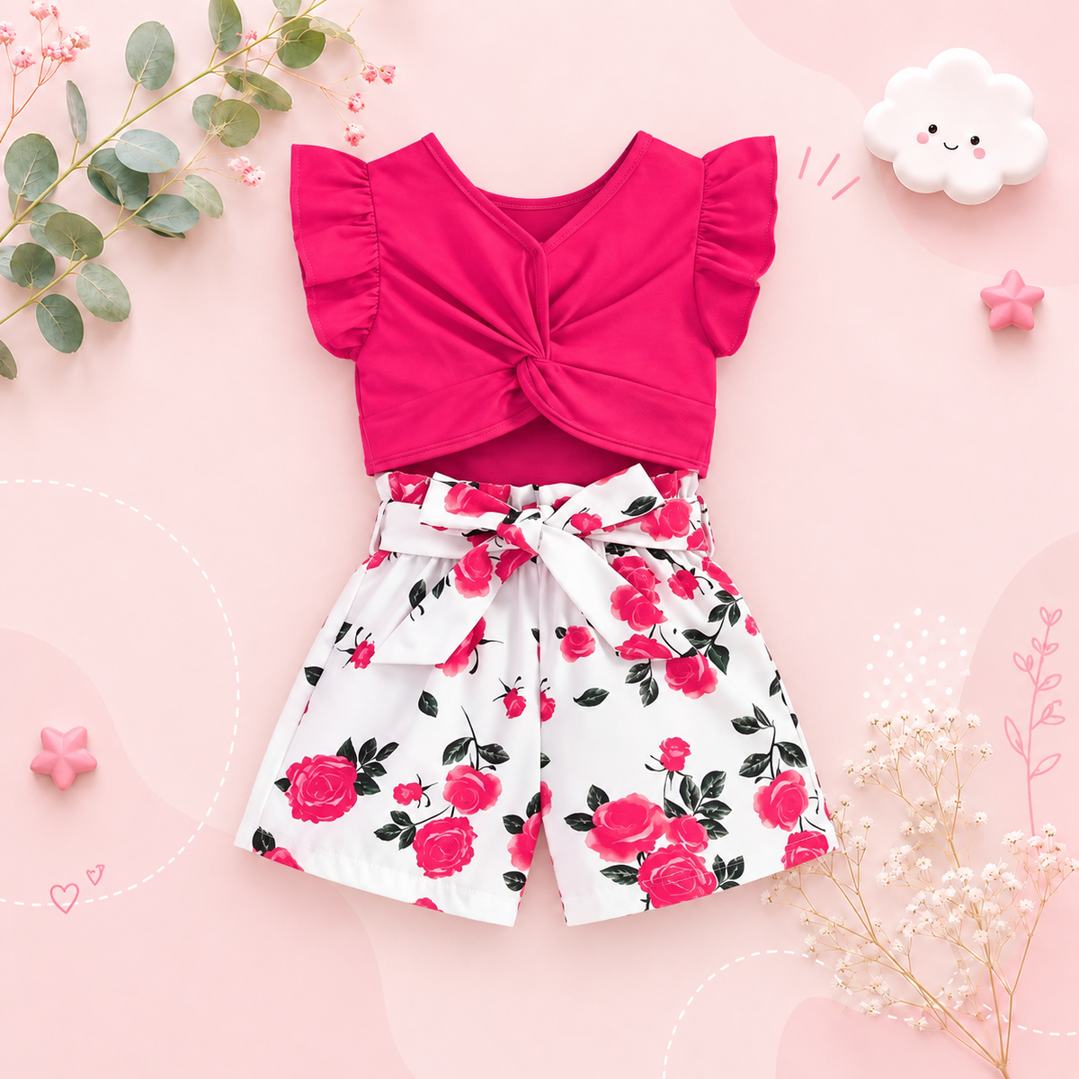 The Marina - Girls Ruffle Sleeveless Bow Top & Printed Shorts Set Summer Outfit
