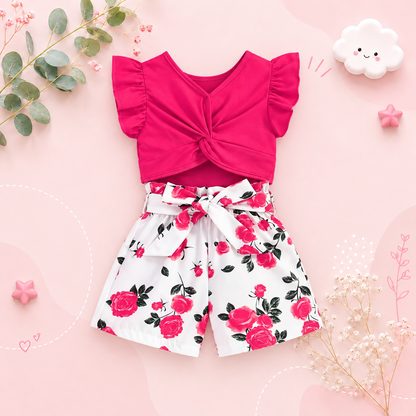 The Marina - Girls Ruffle Sleeveless Bow Top & Printed Shorts Set Summer Outfit