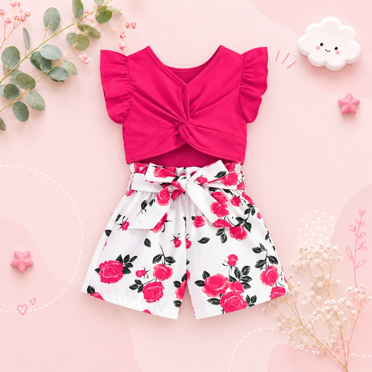 The Marina - Girls Ruffle Sleeveless Bow Top & Printed Shorts Set Summer Outfit
