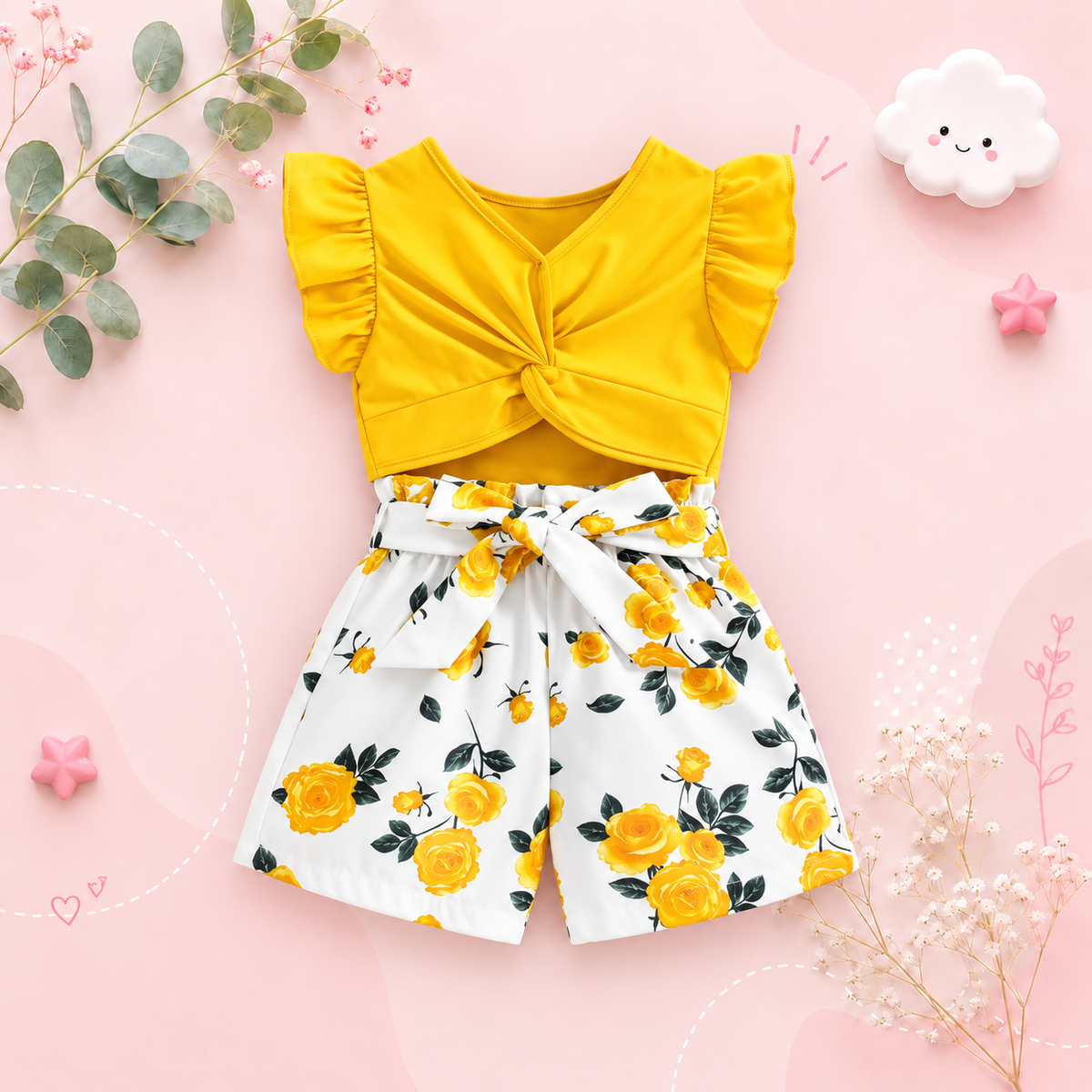 The Marina - Girls Ruffle Sleeveless Bow Top & Printed Shorts Set Summer Outfit