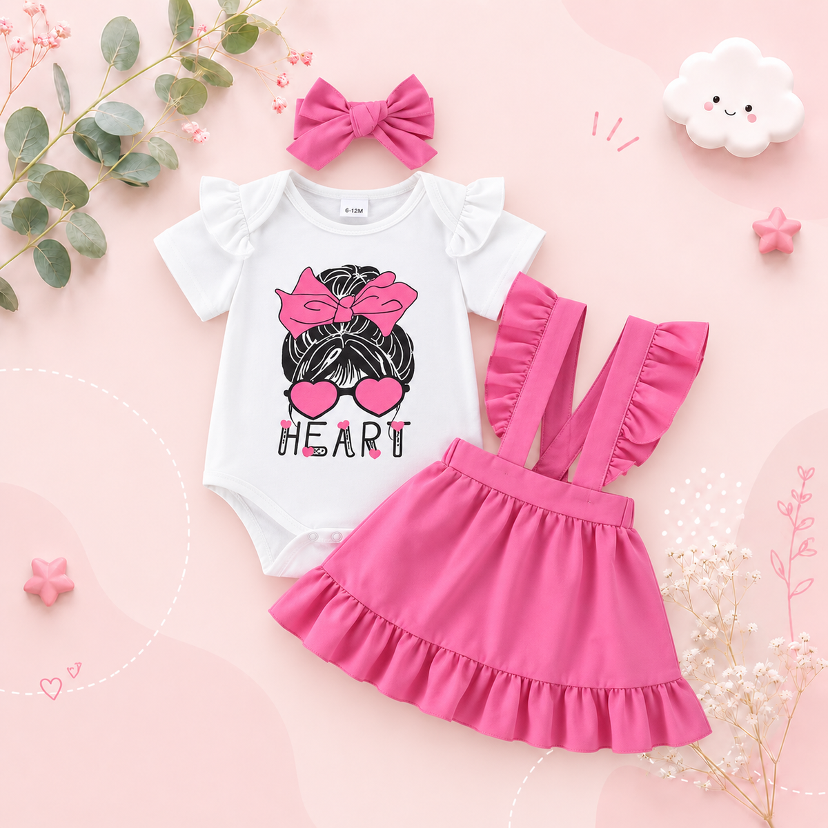 The Brinley - Baby Girl Heart Print Romper Pink Suspender Dress Headband Set