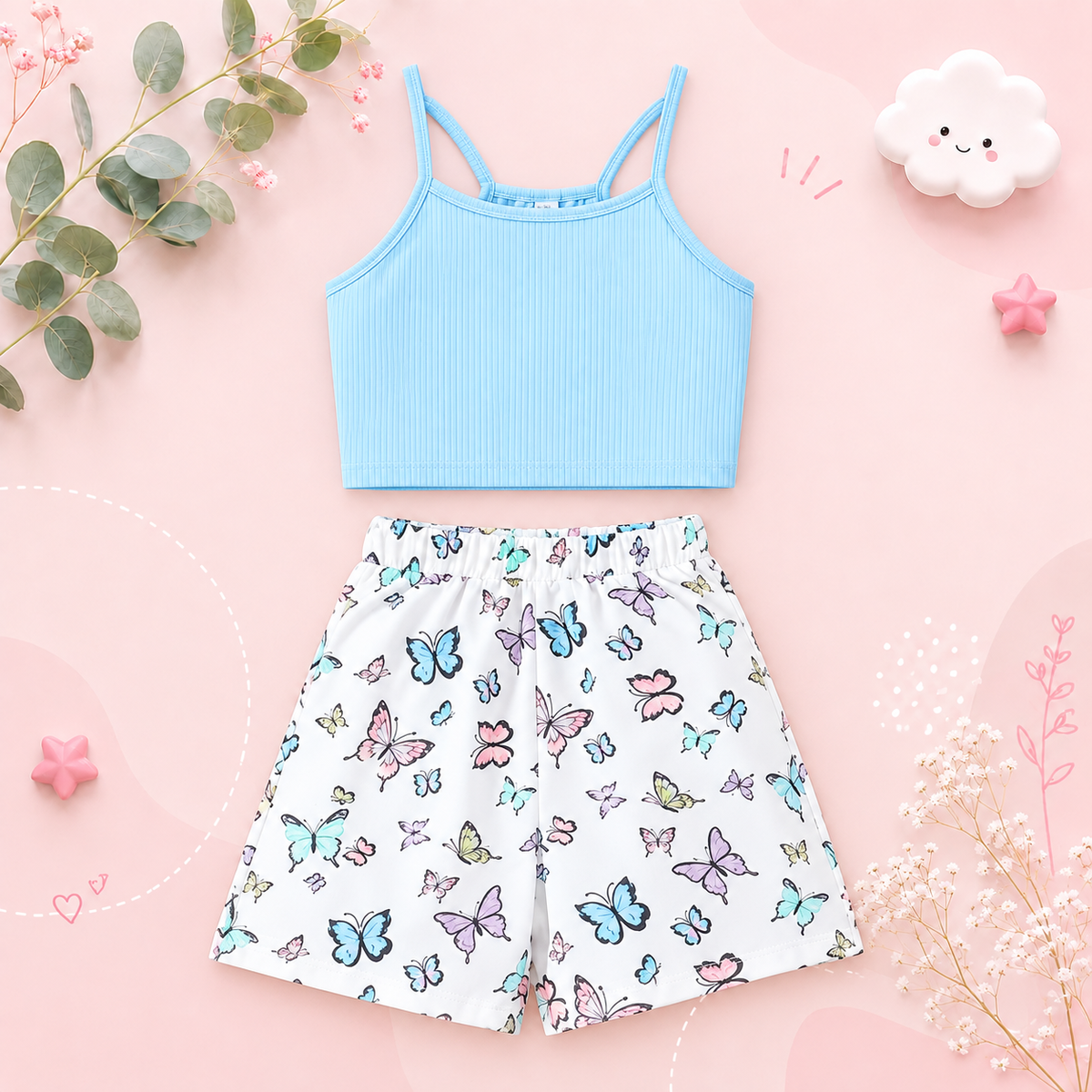 The Hallie - Baby Girl Blue Slip Top+Butterfly Printing Shorts