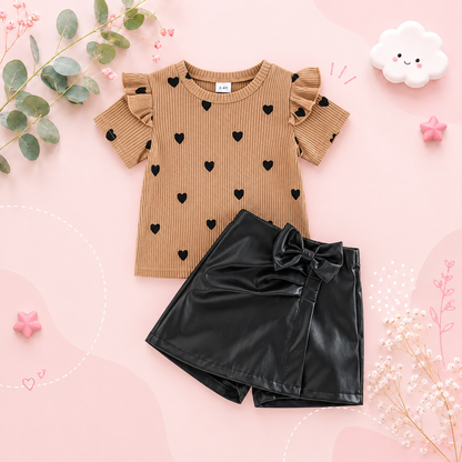 The Chaya - Girls Heart Print Top & Black Pants Set Bow Detail Summer Outfit 2PCS
