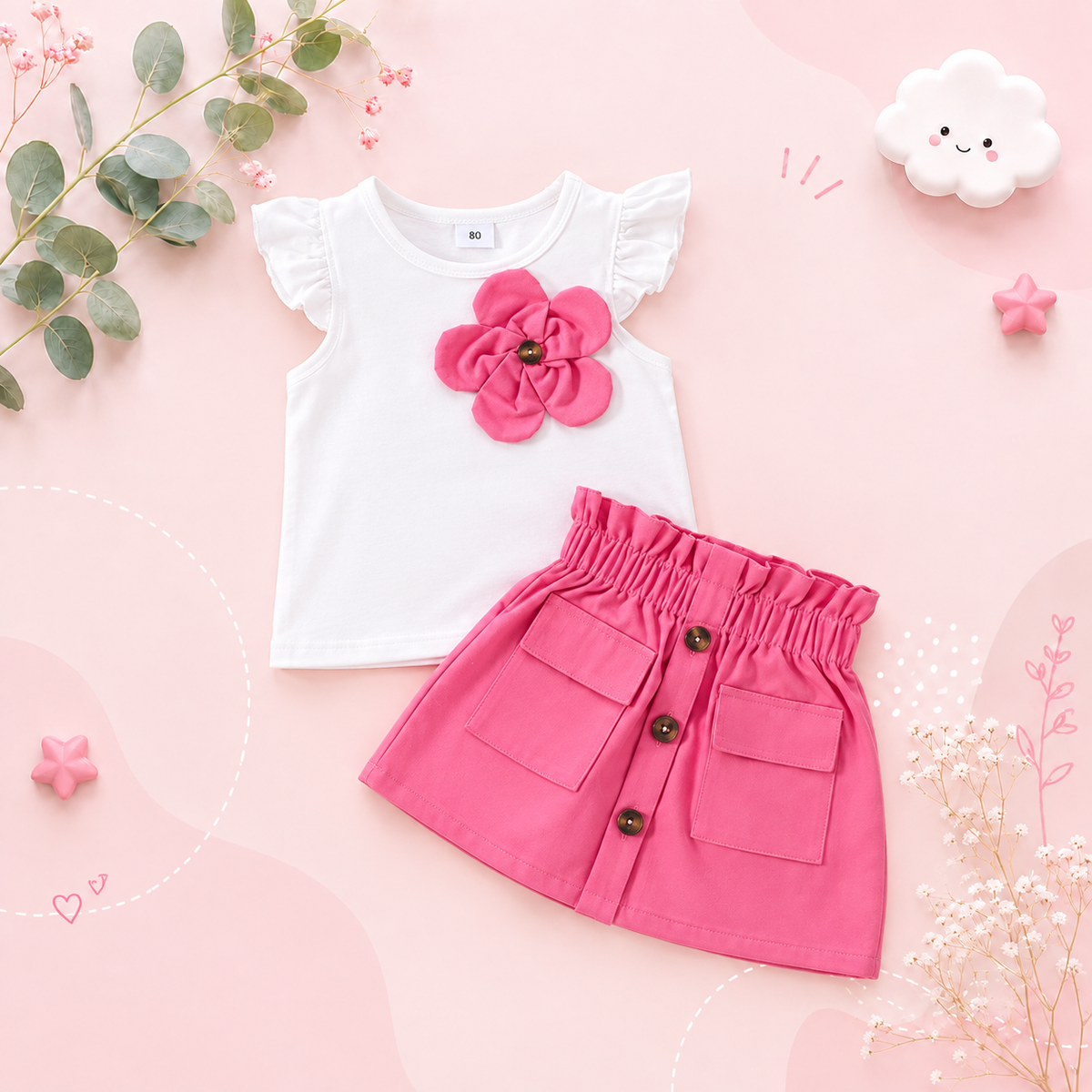 The Halle - Baby Girl 2PCS 3D Flower Ruffle Sleeve Top Pink Skirt Summer Outfit