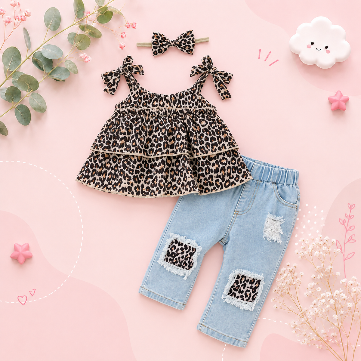 The Jennifer - Baby Girl 3PCS Leopard Bow Top Blue Jeans and Headband Clothing Set
