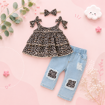 The Jennifer - Baby Girl 3PCS Leopard Bow Top Blue Jeans and Headband Clothing Set