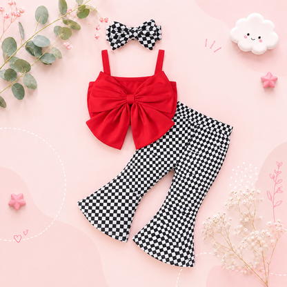 The Noemi - Baby Girl Plaid Suspender Outfit Large Bow Bell Bottoms Headband Set