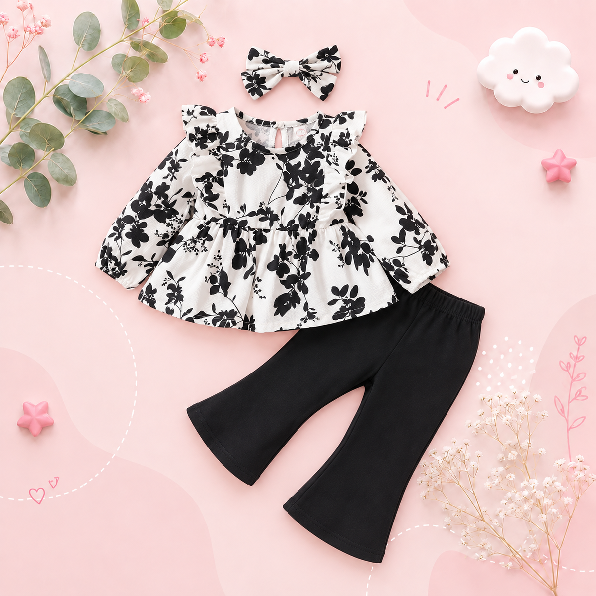 The Reina - Infant Baby Girl Floral Long Sleeve Top and Flared Pants Outfit 2PCS