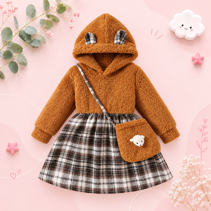 The Lina - Toddler Girls 2PCS Hooded Fleece Dress with Bag Warm Winter Clothing