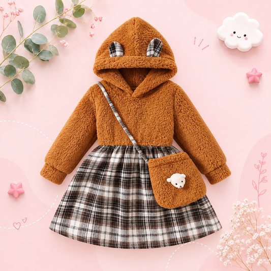 The Lina - Toddler Girls 2PCS Hooded Fleece Dress with Bag Warm Winter Clothing