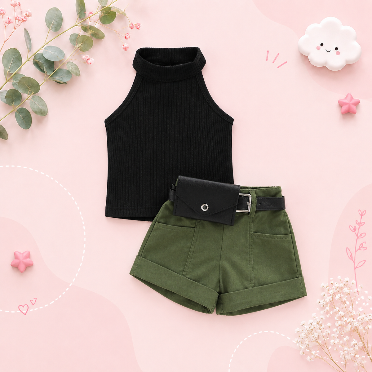 The Lylah - Toddler Baby Girl 3PCS Halter Top Shorts and Waist Bag Summer Outfit