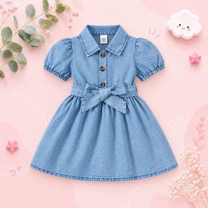 The Estelle - Baby Girl Bubble Sleeve Denim Dress with Belt Summer Birthday Outfit