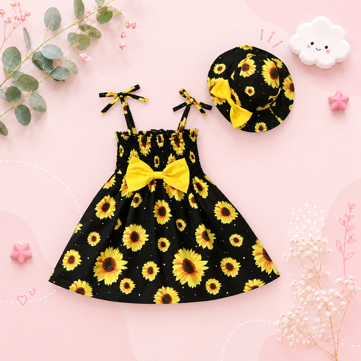 The Jimena - Toddler Girls Sunflower Printed Bow Dress Loose Spring Summer Clothing