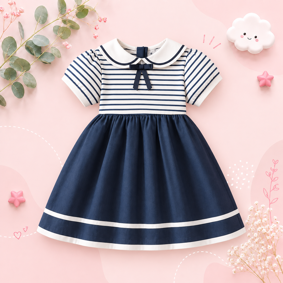 The Ivanna - Girls Navy Striped Sailor Dress with Peter Pan Collar, 2–8Y Summer Cotton