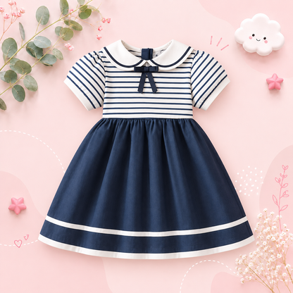 The Ivanna - Girls Navy Striped Sailor Dress with Peter Pan Collar, 2–8Y Summer Cotton