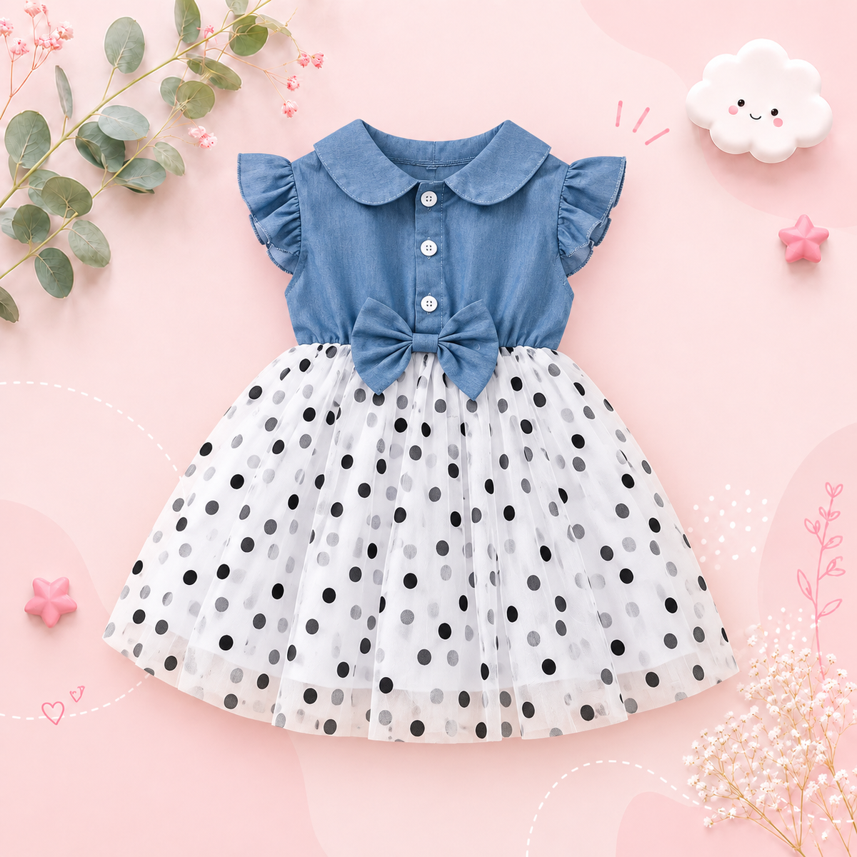 The Allie - Toddler Girls Blue Polka Dot Chiffon Dress Flying Sleeve Summer Dress