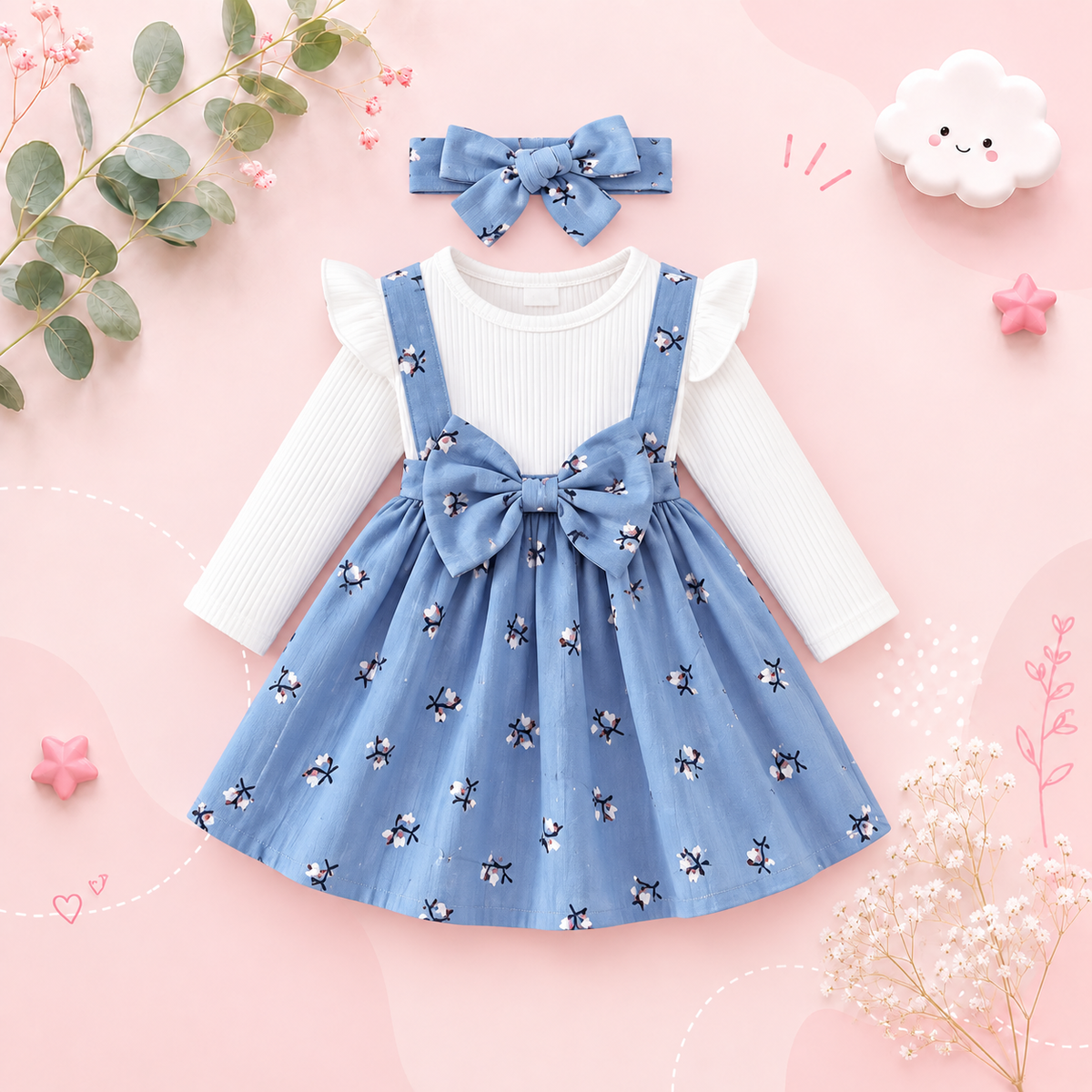 The Nadia - Cute Baby Girl Spring/Autumn Blue Bow Long Sleeve Dress