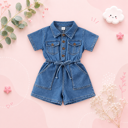 The Amalia - Toddler Baby Girl Denim Romper – Summer Short Sleeve One‑Piece Outfit