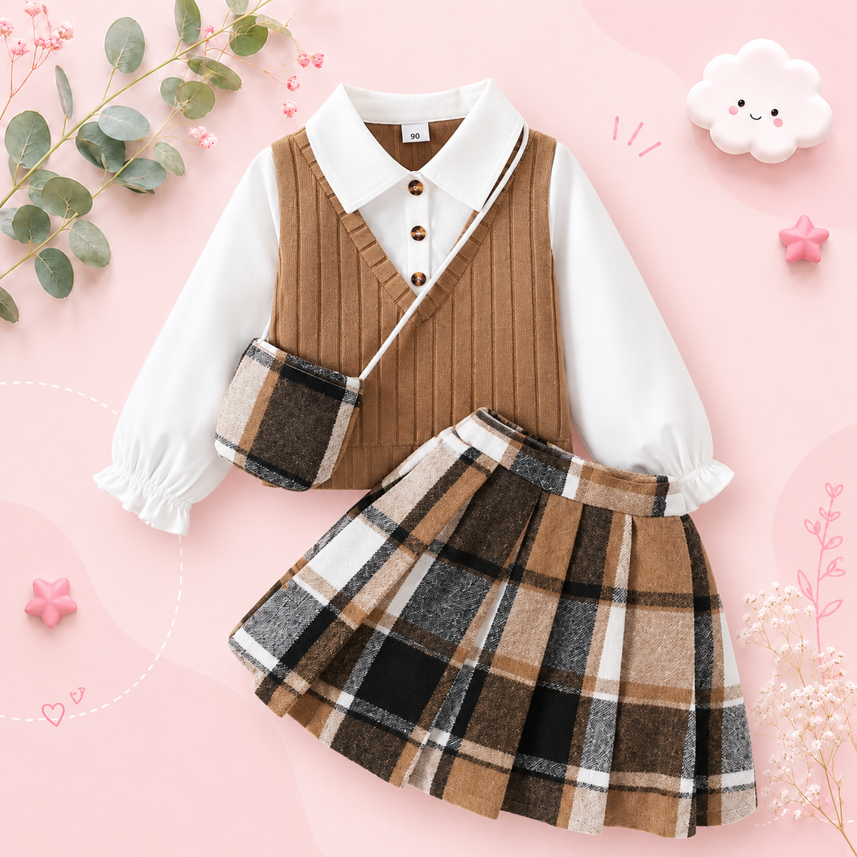 The Jacqueline - Girls College Style Top + Checkered Skirt & Mini Bag 3‑Pcs Set