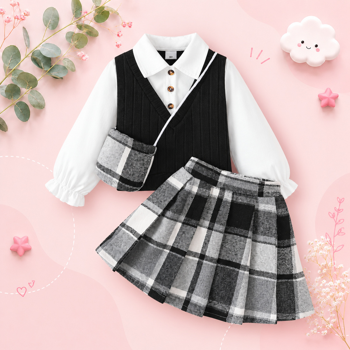 The Jacqueline - Girls College Style Top + Checkered Skirt & Mini Bag 3‑Pcs Set
