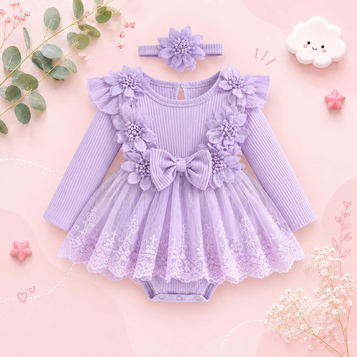 The Lilian - Baby Girl 2‑Piece Outfit Mesh Dress Romper with 3D Flower Bow and Headband