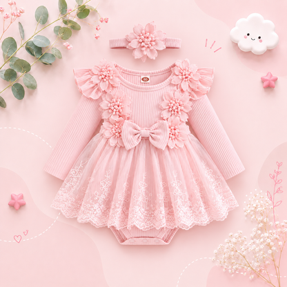The Lilian - Baby Girl 2‑Piece Outfit Mesh Dress Romper with 3D Flower Bow and Headband