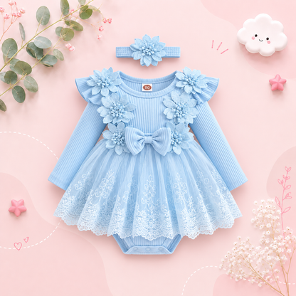 The Lilian - Baby Girl 2‑Piece Outfit Mesh Dress Romper with 3D Flower Bow and Headband