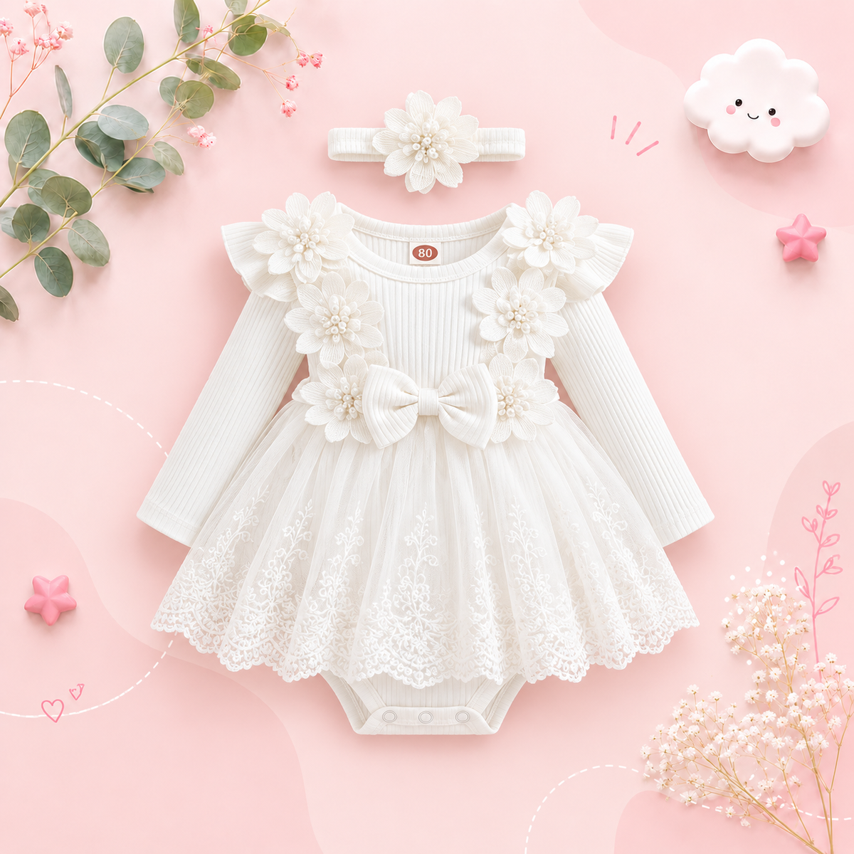 The Lilian - Baby Girl 2‑Piece Outfit Mesh Dress Romper with 3D Flower Bow and Headband