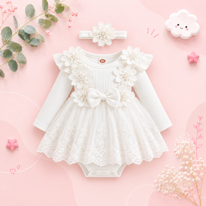 The Lilian - Baby Girl 2‑Piece Outfit Mesh Dress Romper with 3D Flower Bow and Headband