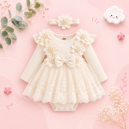 The Lilian - Baby Girl 2‑Piece Outfit Mesh Dress Romper with 3D Flower Bow and Headband