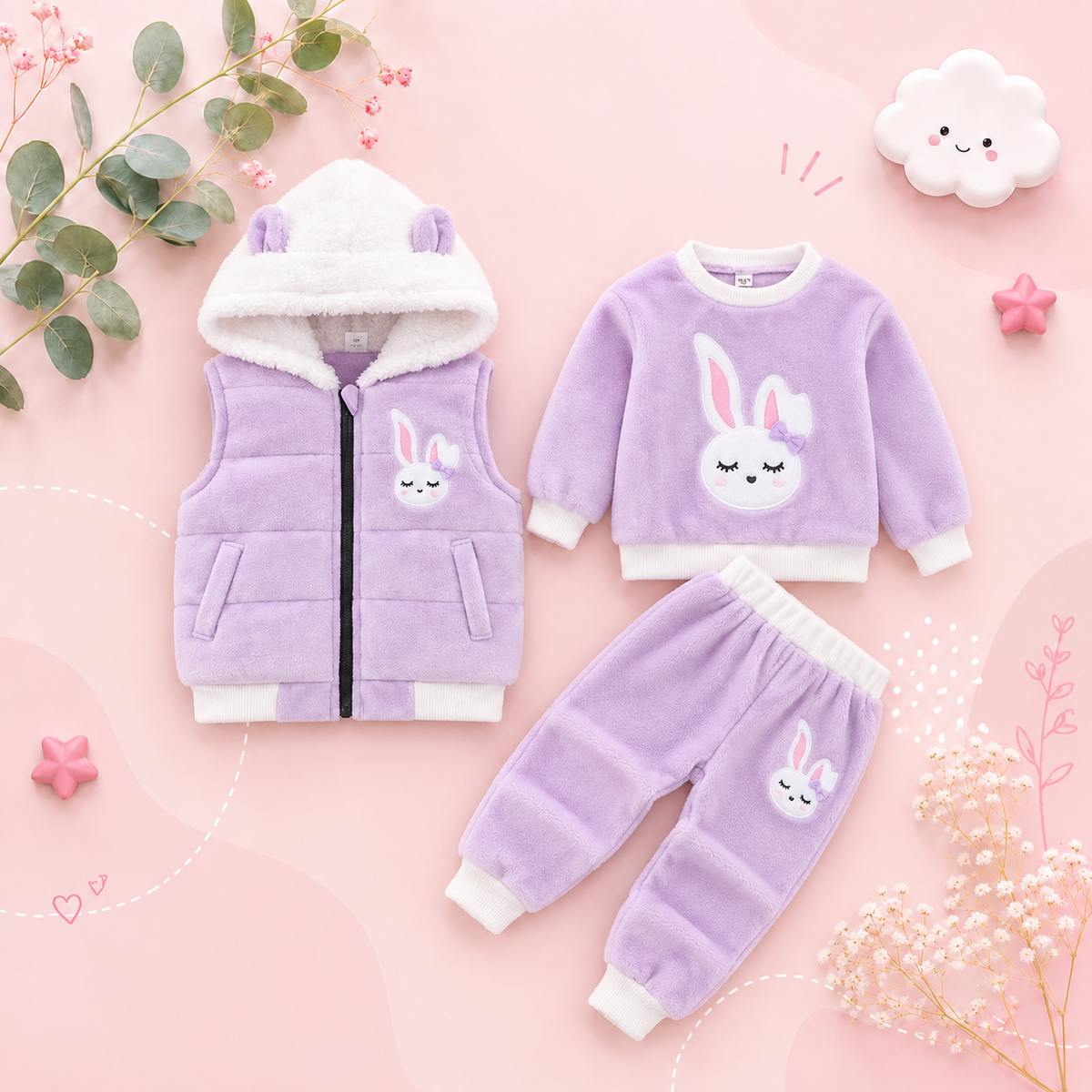 The Emerie - Baby Girl Warm Rabbit Embroidery Jacket + Vest & Pants 3‑Pcs Winter Set