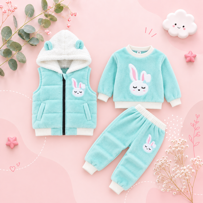 The Emerie - Baby Girl Warm Rabbit Embroidery Jacket + Vest & Pants 3‑Pcs Winter Set
