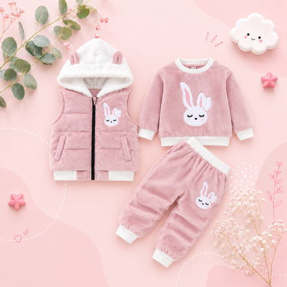 The Emerie - Baby Girl Warm Rabbit Embroidery Jacket + Vest & Pants 3‑Pcs Winter Set