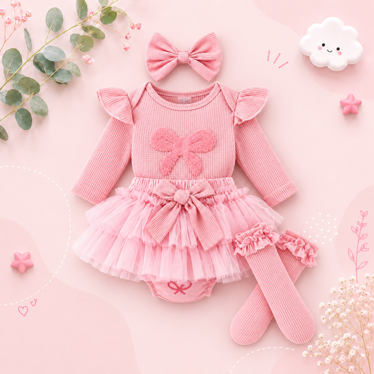 The Solana - Infant Baby Girl Spring Outfit – Pink Ribbon Long Sleeve Top & Pants 4‑Piece Clothing Set
