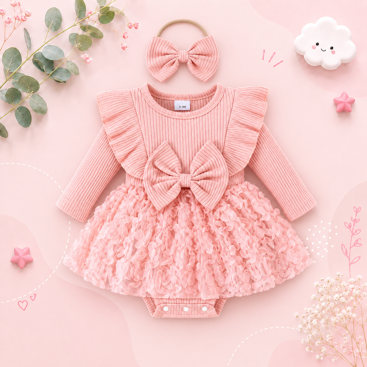 The Emely - Baby Girl Autumn Outfit Round Collar Romper + Flower Skirt & Bow Headband 2Pcs