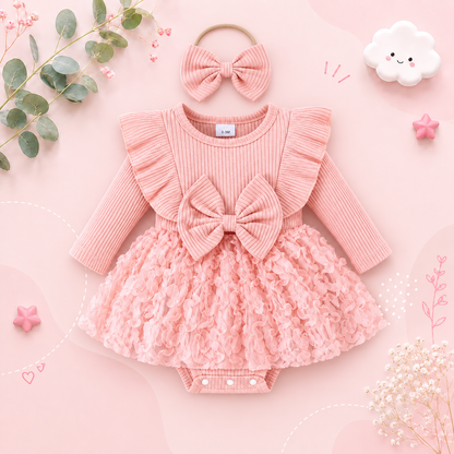 The Emely - Baby Girl Autumn Outfit Round Collar Romper + Flower Skirt & Bow Headband 2Pcs