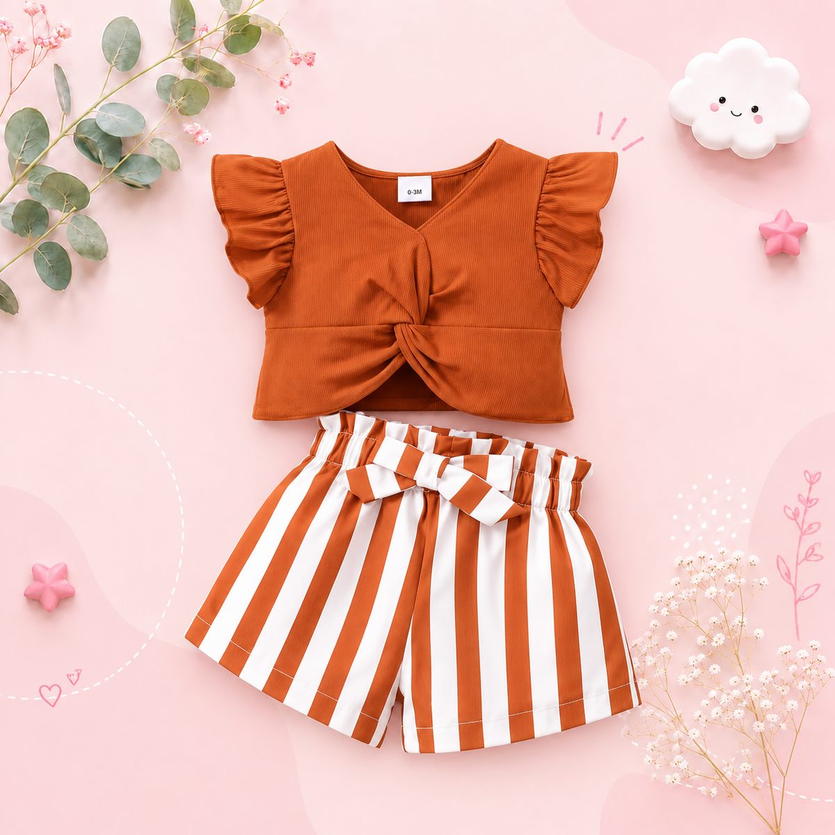 The Kate - Baby Girl Summer Outfit Love Collar Ruffle Top + Striped Shorts 2Pcs Fashion Set