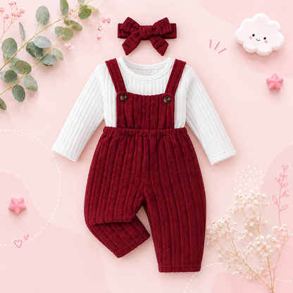 The Alison - Baby Girl White Long Sleeved Top + Red Suspender Pants + Headband