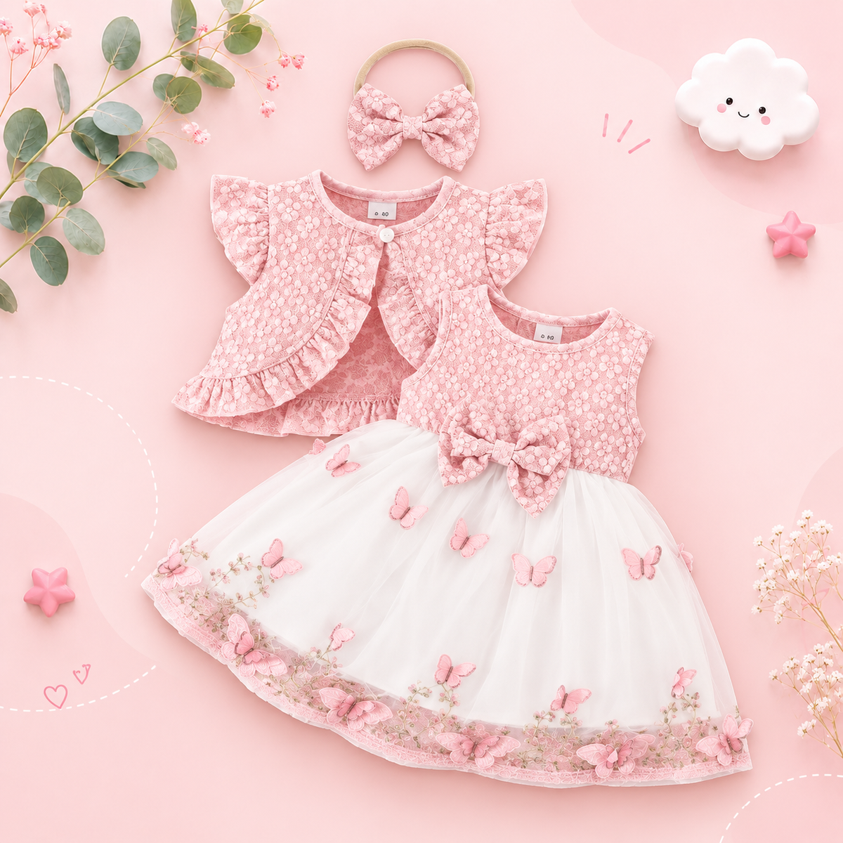 The Madilyn - Baby Girl Pink Long Sleeve Ruffles Bow Butterfly Party Dress