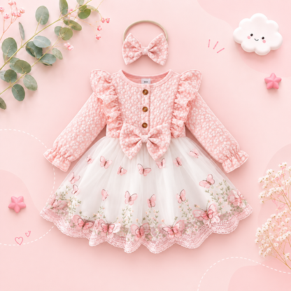 The Madilyn - Baby Girl Pink Long Sleeve Ruffles Bow Butterfly Party Dress