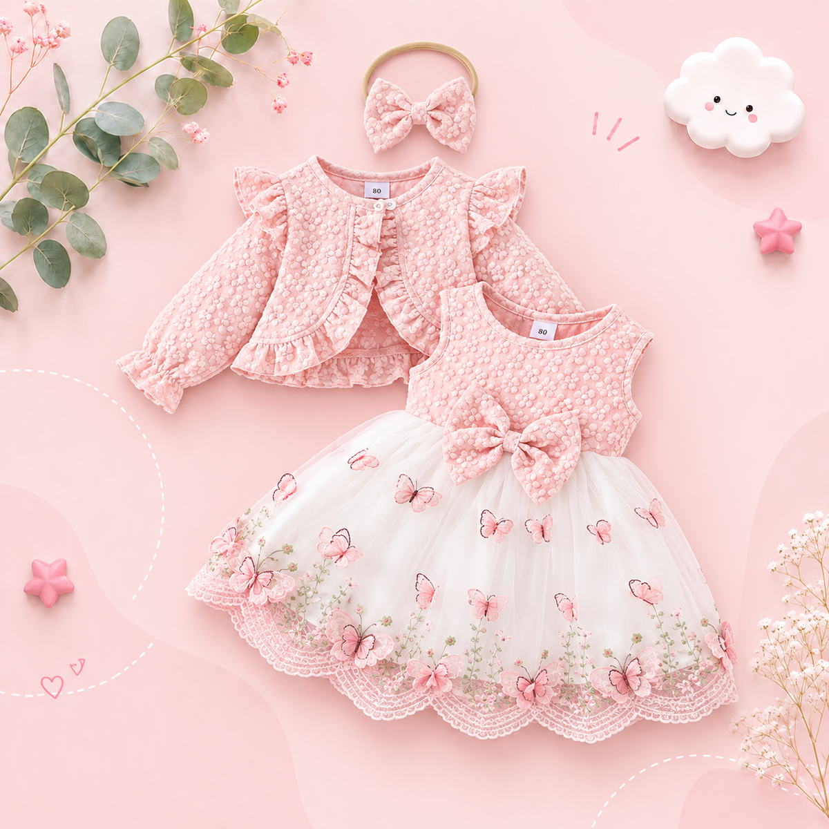 The Madilyn - Baby Girl Pink Long Sleeve Ruffles Bow Butterfly Party Dress