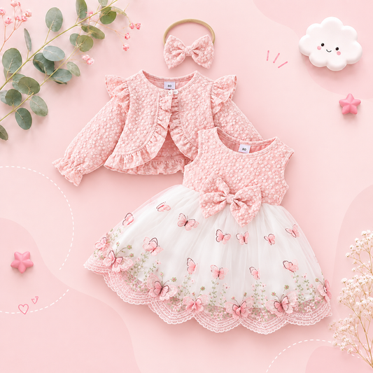 The Madilyn - Baby Girl Pink Long Sleeve Ruffles Bow Butterfly Party Dress